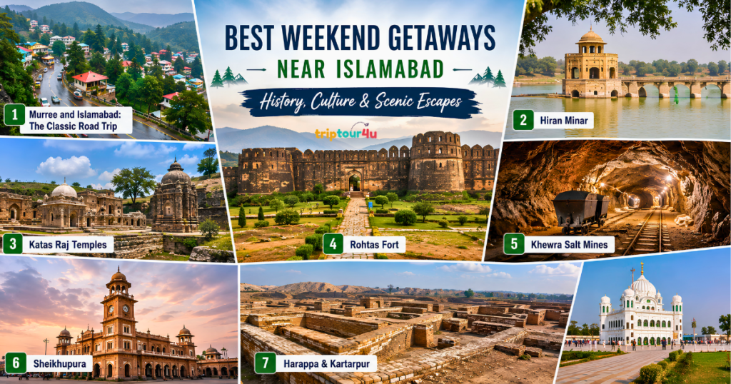 Scenic collage of Murree and Islamabad, Hiran Minar, Katas Raj Temples, Rohtas Fort, Khewra Salt Mines, Sheikhupura, Harappa, and Kartarpur showcasing Punjab and northern Pakistan travel attractions