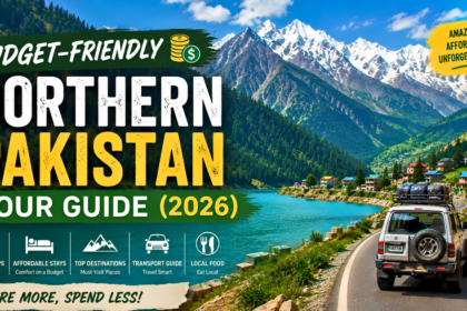 Budget-friendly road trip in Northern Pakistan featuring a scenic mountain highway, turquoise lake, snow-capped peaks, pine forests, and a travel SUV loaded for adventure.