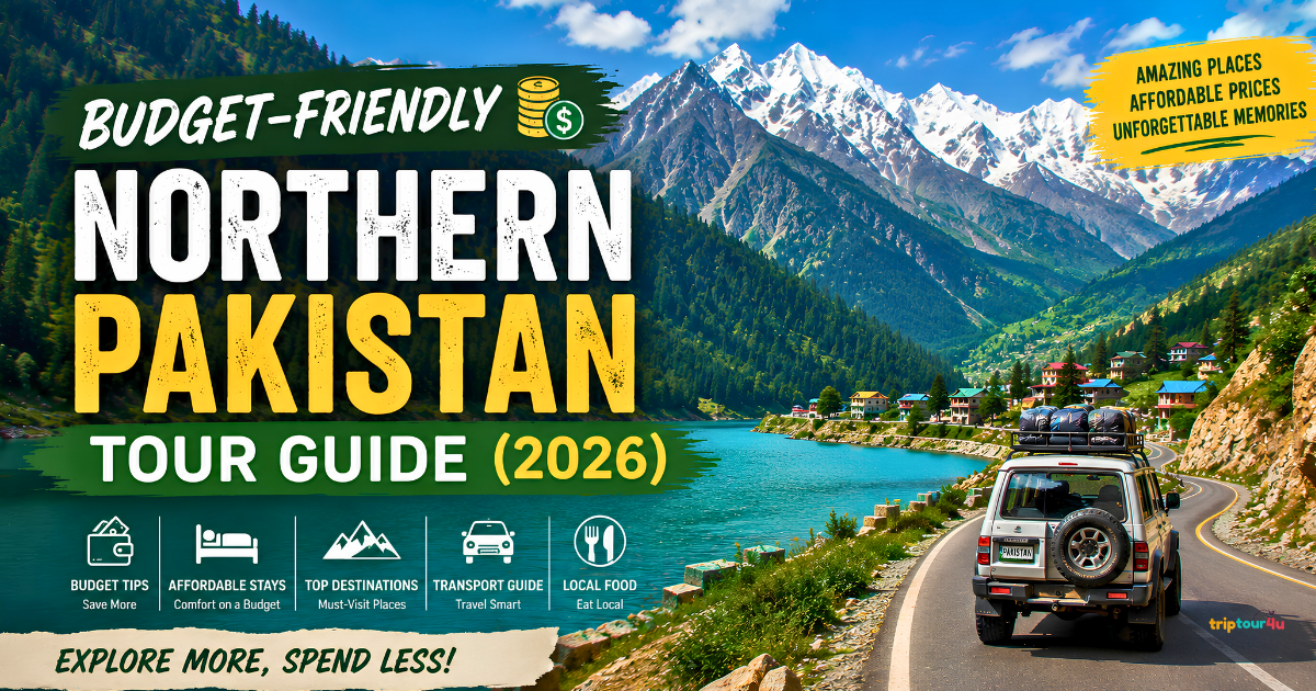 Budget-friendly road trip in Northern Pakistan featuring a scenic mountain highway, turquoise lake, snow-capped peaks, pine forests, and a travel SUV loaded for adventure.