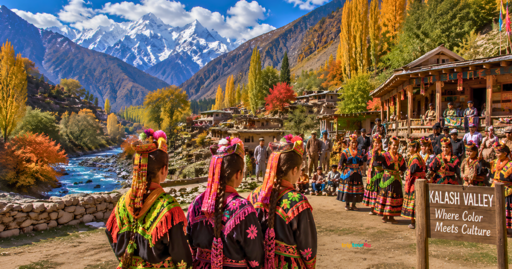 Chitral and Kalash Valleys in autumn feature traditional Kalash culture, colorful attire, golden trees, a turquoise river, rustic mountain villages, and snow-capped peaks.