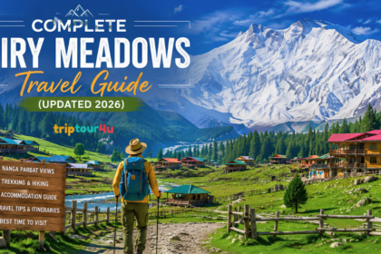 Fairy Meadows surrounded by lush green meadows, pine forests, wooden cabins, and the snow-capped Nanga Parbat mountain with a trekker in the foreground.