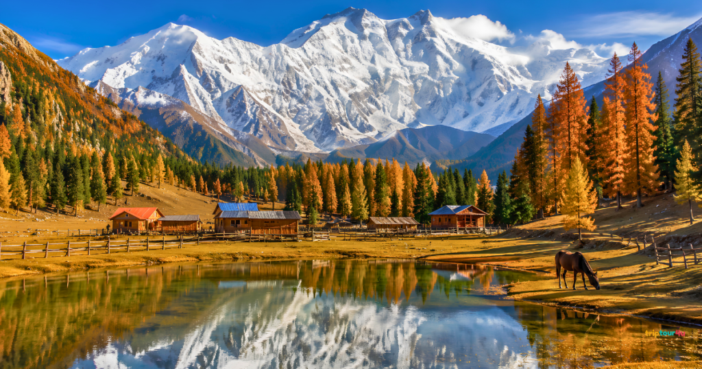 Fairy Meadows in autumn beneath Nanga Parbat, featuring golden alpine trees, rustic wooden cabins, a reflective pond, and Pakistan's majestic snow-covered peak under a clear blue sky.