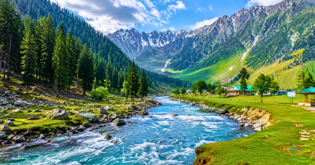 Scenic view of Kaghan and Naran Valley in Khyber Pakhtunkhwa featuring a crystal-clear river, lush green meadows, pine forests, and towering snow-capped mountains.