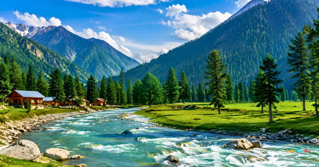 Kumrat Valley Khyber Pakhtunkhwa with a clear river, lush green meadows, pine forests, wooden cabins, and towering mountains.