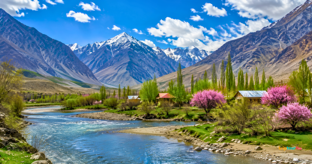 Phander Valley, Gilgit-Baltistan, with a clear blue river, lush green meadows, colorful spring blossoms, traditional village houses, and snow-capped mountains.