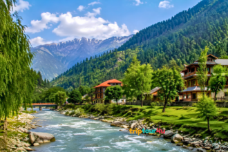 Swat Valley surrounded by lush green mountains, a flowing river, scenic hotels, and snow-capped peaks under a blue sky.