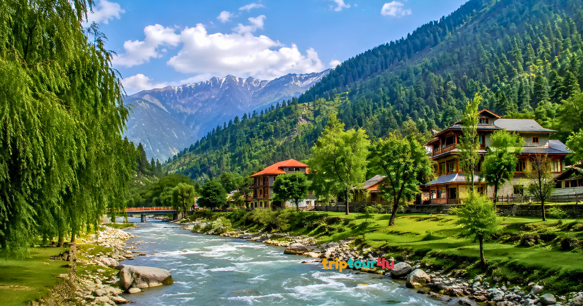 Swat Valley surrounded by lush green mountains, a flowing river, scenic hotels, and snow-capped peaks under a blue sky.