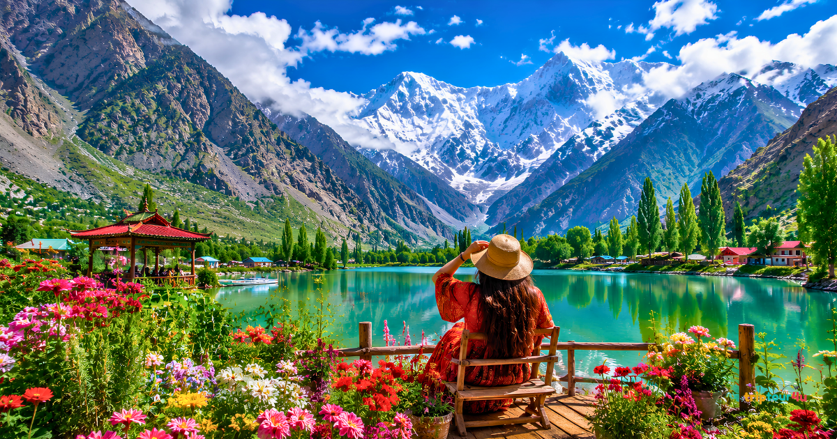 Scenic turquoise lake surrounded by colorful flowers, lush valleys, and snow-capped mountains in northern Pakistan