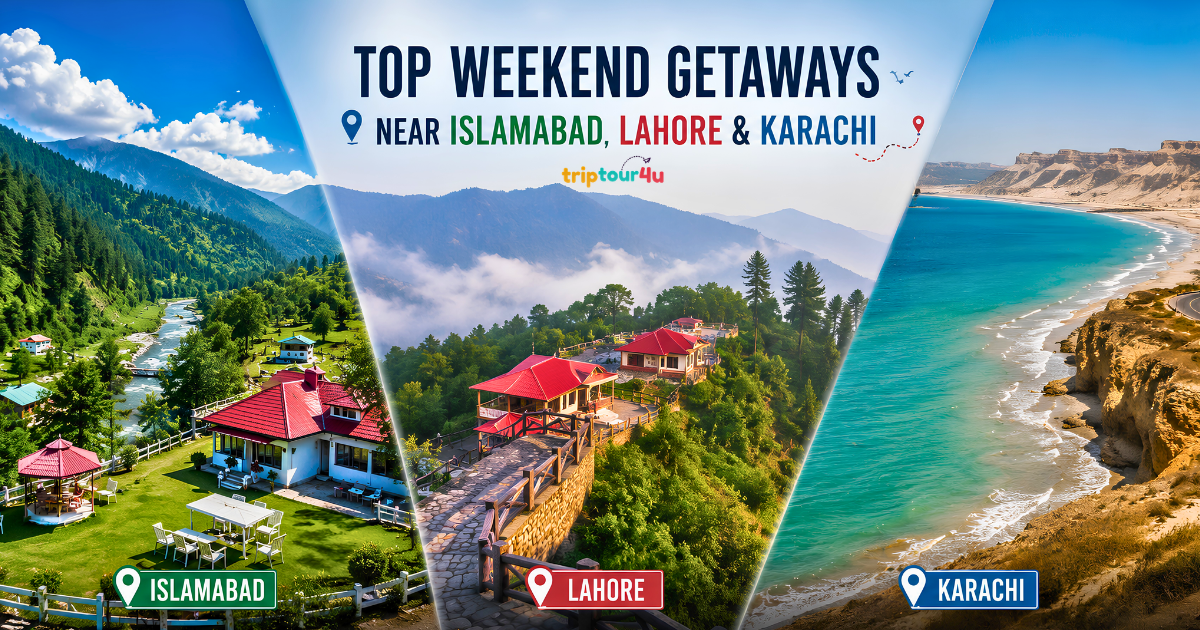 Top weekend getaways near Islamabad, Lahore, and Karachi featuring mountains, hill resorts, and coastal scenery.
