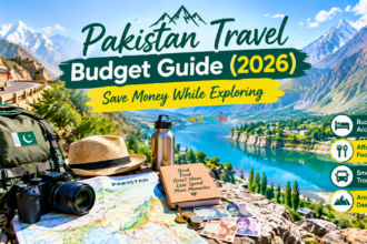 Pakistan Travel Budget Guide 2026 featuring a backpack, Pakistani bus, travel map, camera, money, and turquoise mountain lake in Northern Pakistan.
