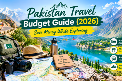 Pakistan Travel Budget Guide 2026 featuring a backpack, Pakistani bus, travel map, camera, money, and turquoise mountain lake in Northern Pakistan.