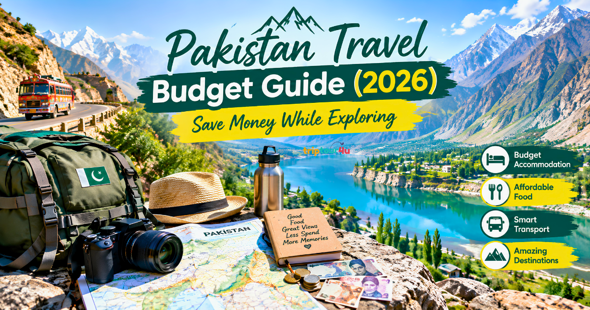 Pakistan Travel Budget Guide 2026 featuring a backpack, Pakistani bus, travel map, camera, money, and turquoise mountain lake in Northern Pakistan.